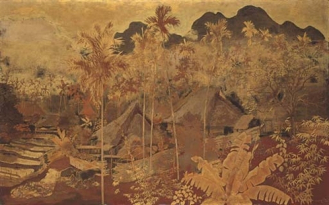 "Village Scene In Vietnam, Lacquer On Panel, 1941"